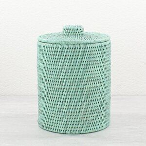 NEW Tight Woven Rattan Waste Basket Bin w Lid (with Plastic Insert)-Sage Leaf